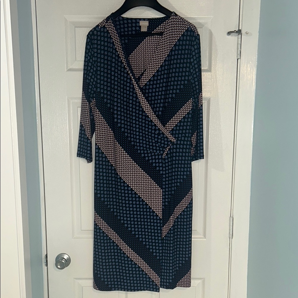 Chico's Blue Sheath Wrap Dress V-Neck 3/4 Sleeve Casual - Picture 2 of 11